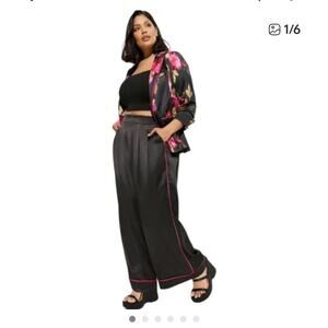 Torrid Wide Leg High-Rise Pull-On Satin Pants in black pink piping 0/L formal